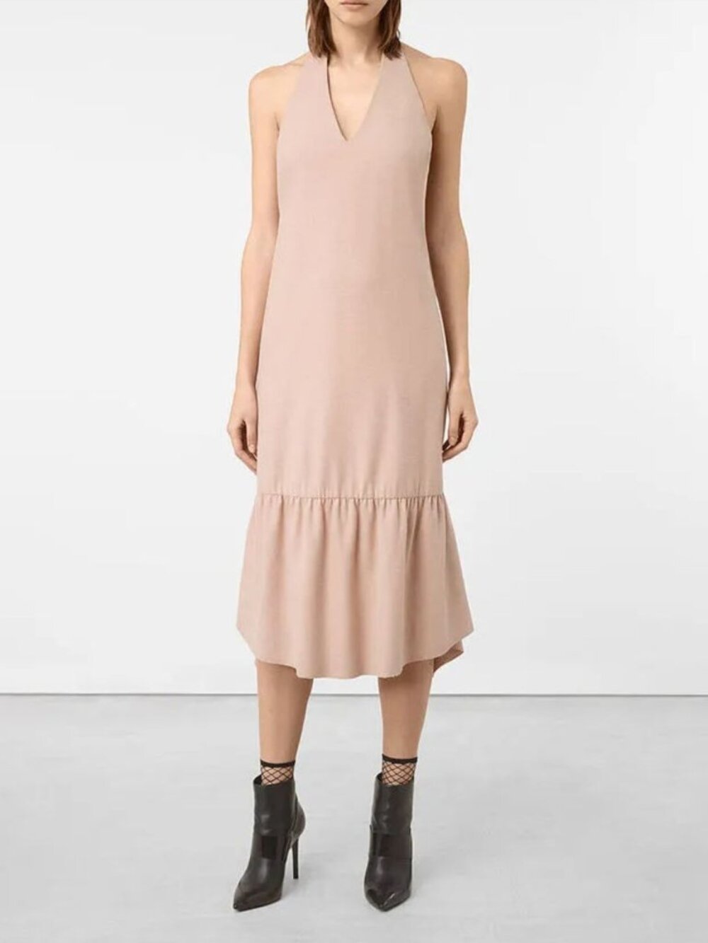 AllSaints Emelie Wool Dress Ruffle Midi Sleeveless Blush Pink Pale Dogwood US 6